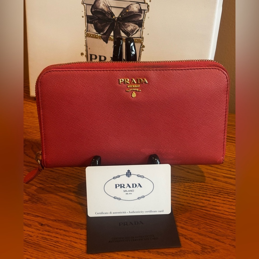 PRADA SAFFIANO LEATHER ZIP AROUND WALLET EUC -PINK COA CARD INCLUDED
